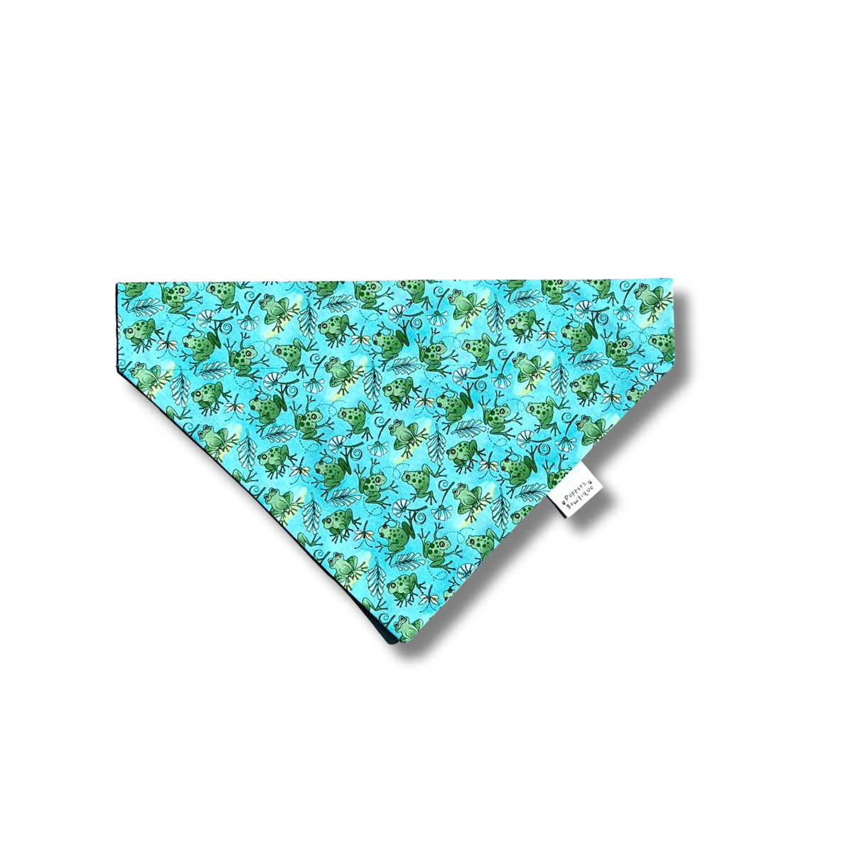 A triangular pet bandana with a repeating pattern of green frogs and leaves on a bright turquoise blue background, shown on a plain white background with a soft drop shadow.