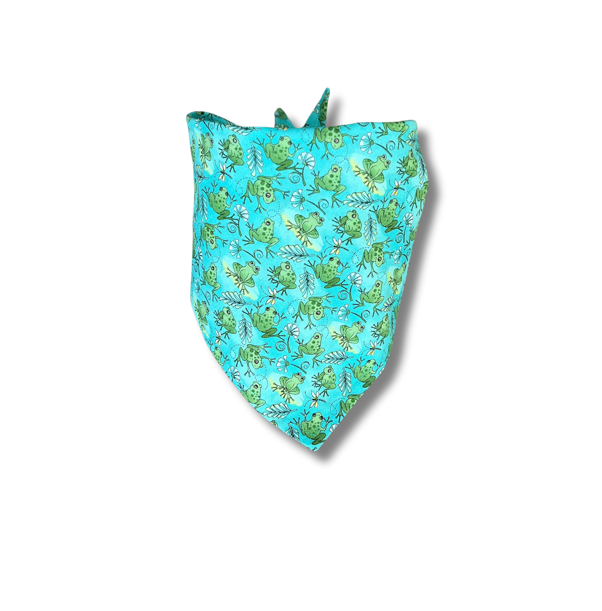 A turquoise bandana-style pet collar or neck gaiter featuring a repeating pattern of green cartoon frogs, small white flowers, and green leaves, shown against a plain white background.