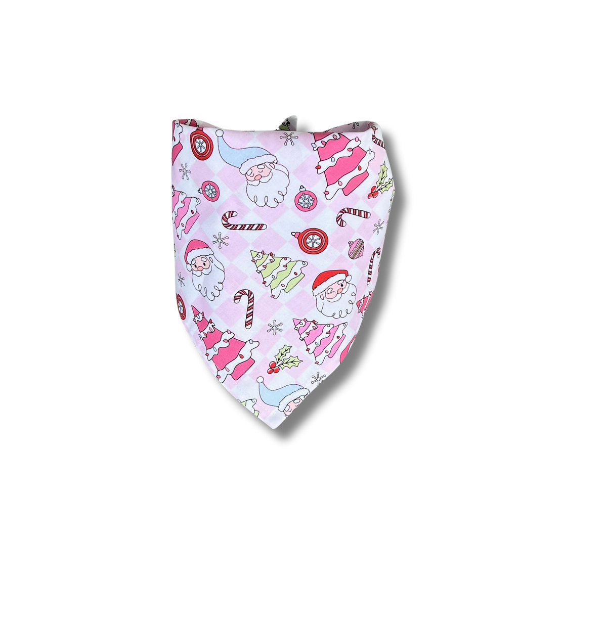 A light pink dog bandana featuring a festive Christmas print with Santa Claus, candy canes, snowflakes, and ornaments, shown against a plain white background.