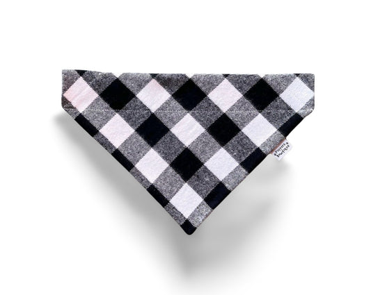Over the Collar Flannel Black White Buffalo Plaid Dog Bandana - Puppers Bowtique
