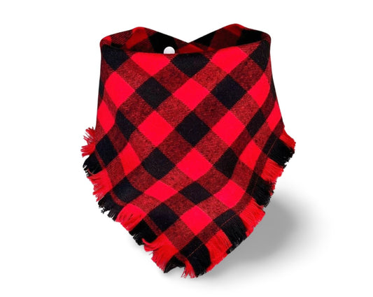 Fringed Red and Black Buffalo Plaid Dog Bandana - Puppers Bowtique