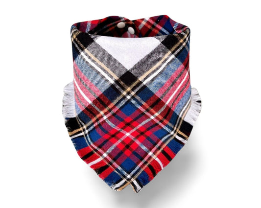 Fringed Red, Blue & Black White Plaid Dog Bandana - Puppers Bowtique