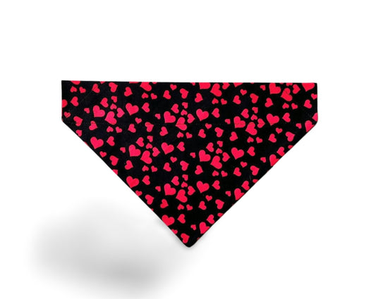 Over the Collar Tossed Red Hearts on Black Valentine Dog Bandana - Puppers Bowtique