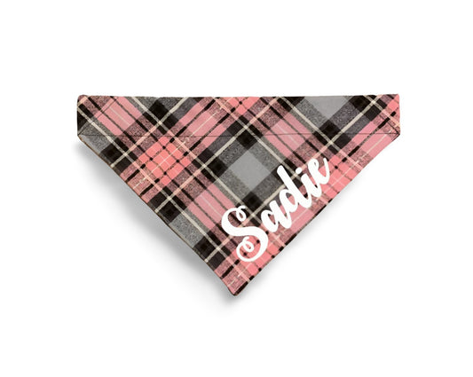 Over the Collar Pink, Grey & Black Plaid Dog Bandana - Puppers Bowtique