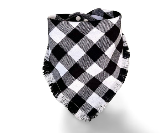 Fringed Black and White Buffalo Plaid Dog Bandana - Puppers Bowtique