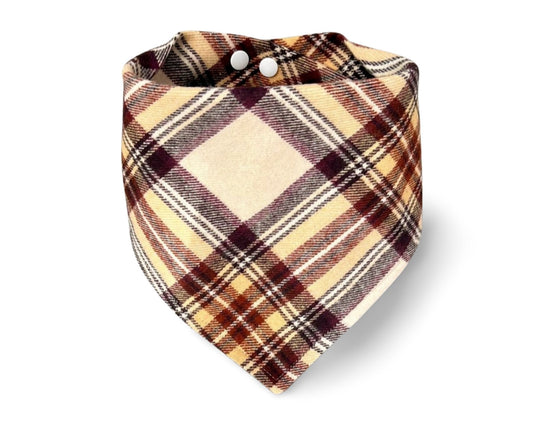 Snap On Ivory & Burgundy Plaid Dog Bandana - Puppers Bowtique