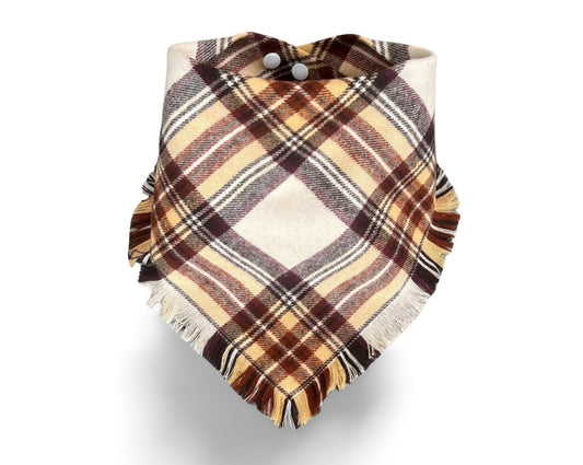 Fringed Ivory & Burgundy Plaid Dog Bandana - Puppers Bowtique